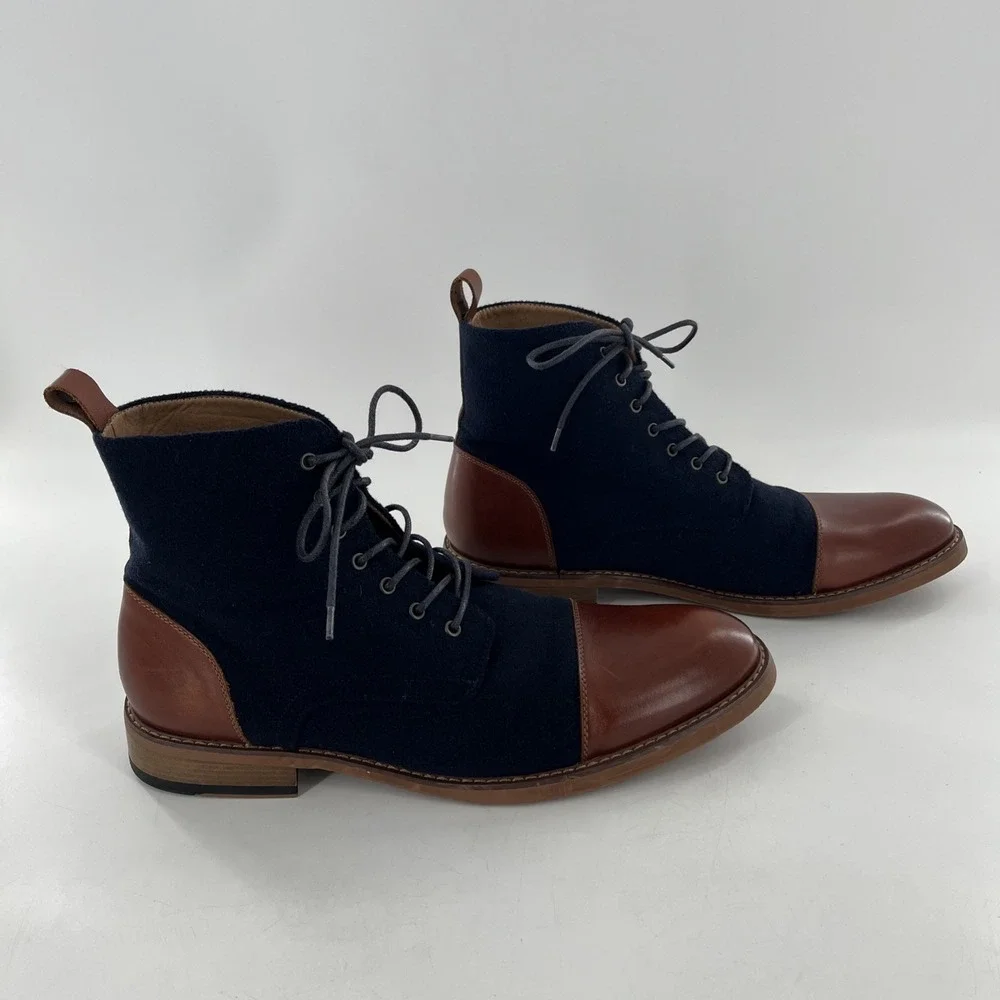 La Milano Mens Lace Up Boots Stance‎ Cognac Navy Leather Fabric Cap Toe Size 14